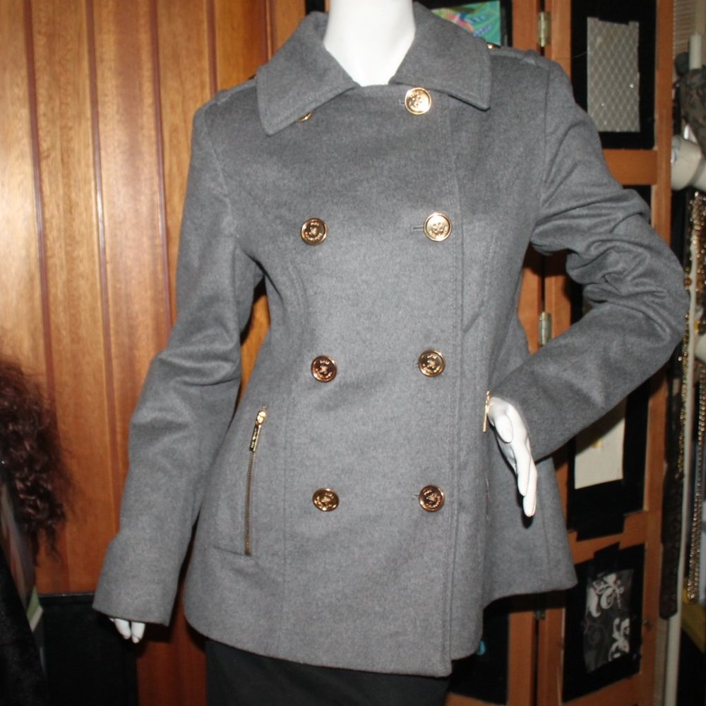 New Michael Kors Wool Cashmere Double Breasted Logo Button Pea Coat Jacket